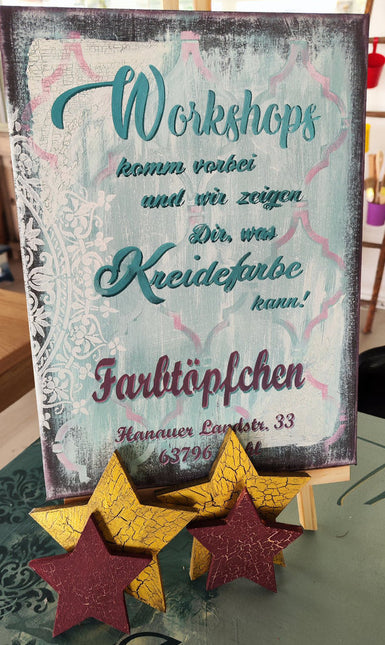 Werbeschild für Workshops mit verschiedenen Schabloniertechniken