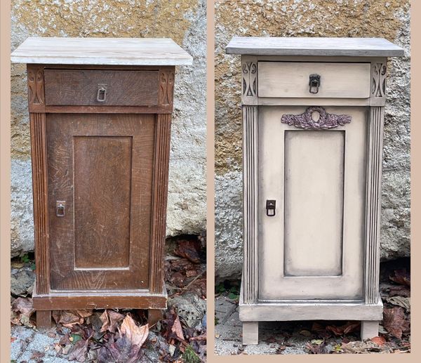 Vorher Nachher Bild eines gestrichenen Nachtkastens in Beige mit schwarzem Wachs patiniert.