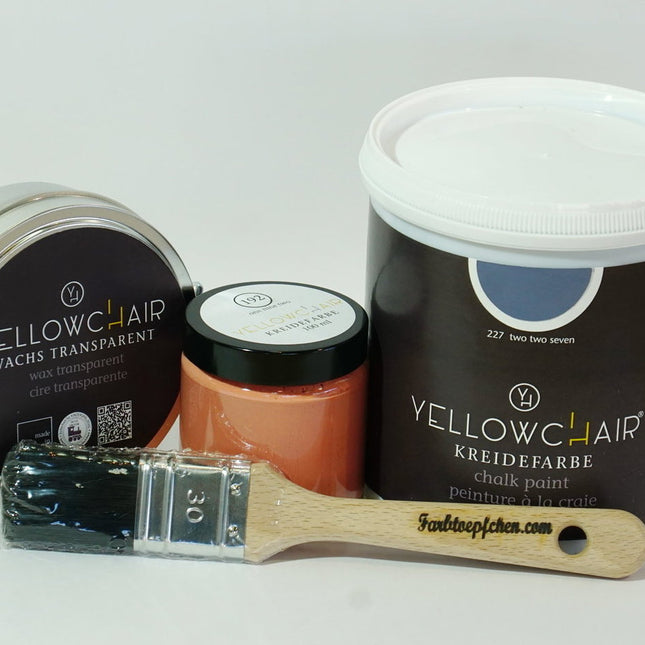 Yellowchair Vorteilspakte mit 1 Liter Kreidefarbe, 100 ml Kreidefarbe, Klarwachs und einem Pinsel