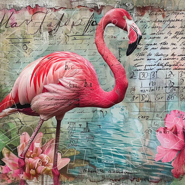 Flamingo mit Blume und Schrift im Hintergrund Decoupagepapier