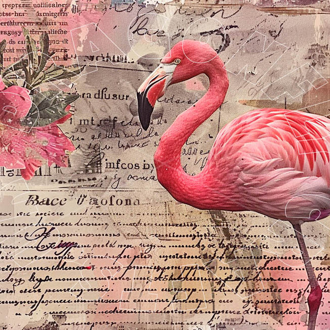 Flamingo Collage 2 Decoupage Papier mit Flamingo und Schrift im Hintergrund