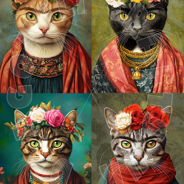 4 Katzenköpfe mit Blumen als Frida Kahlo Decoupage Papier