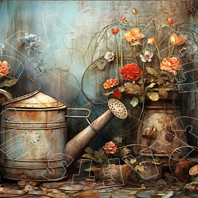 Gieskanne im Garten verwildert Decoupage Papier