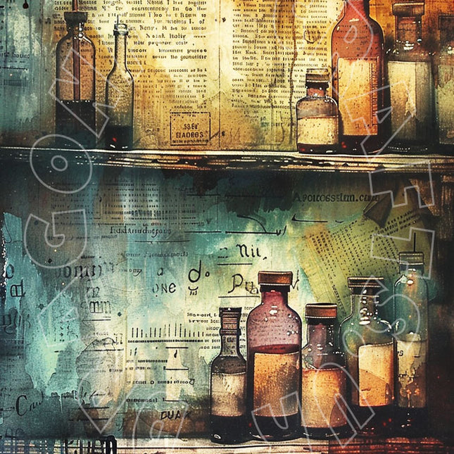 Decoupage Papier mit Flaschen und Schrift im Grunge Look