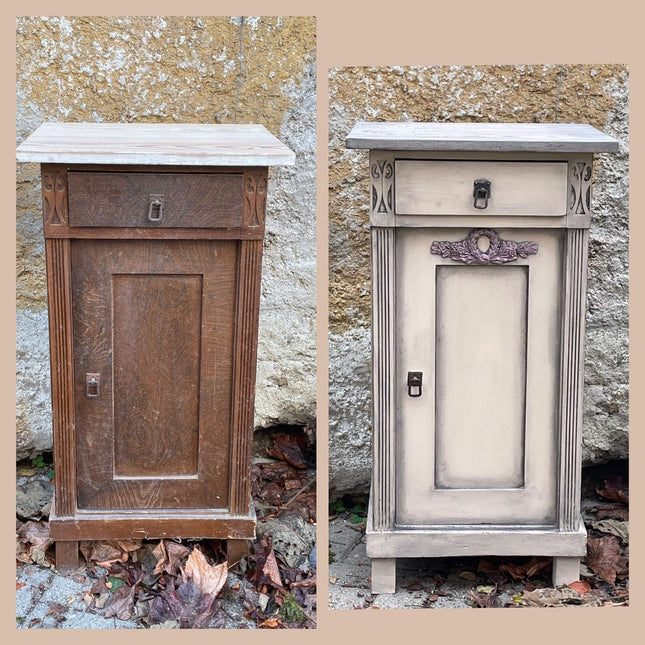 Vorher Nachher Bild eines gestrichenen Nachtkastens in Beige mit schwarzem Wachs patiniert.