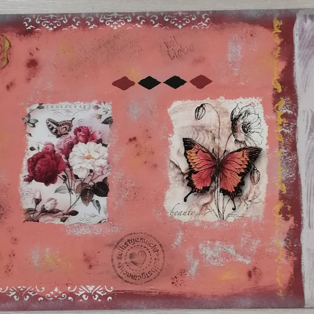 Collage mit Decoupagepapier, Moulds, Schablonierarbeiten in Orange aus dem Technik Workshop.