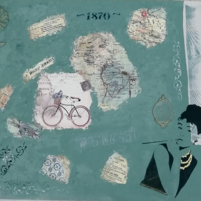 Collage mit Decoupagepapier, Moulds, Schablonierarbeiten in Grün aus dem Technik Workshop.