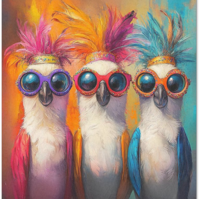 Drei bunte Kakadus mit Sonnenbrillen gezeichnet