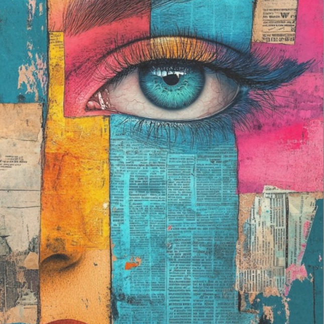 Buntes Bild mit Frauengesicht aus Zeitungspapier