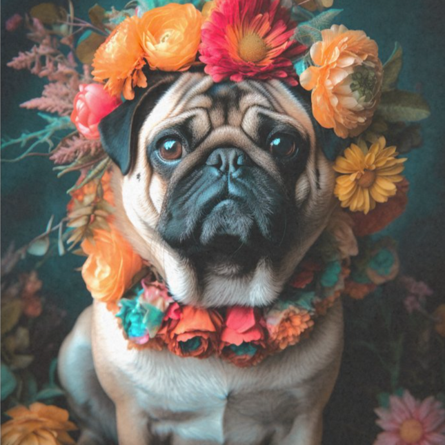 Mops mit Blumenkranz