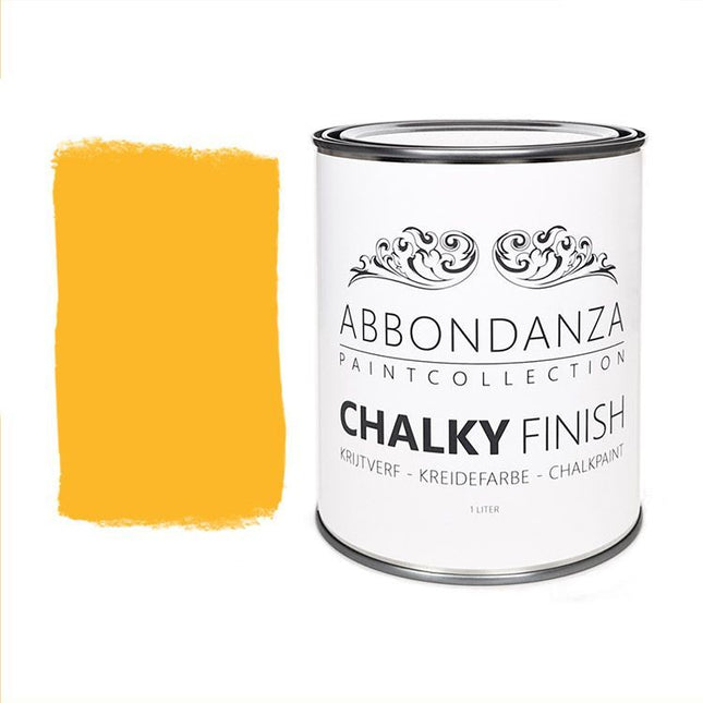 Eine Dose Abbondanza Kreidefarbe und ein Farbbeispiel für Abbondanza Farbe Mariegold Nr. 072