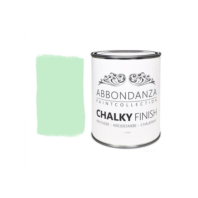 Eine Dose Abbondanza Kreidefarbe und ein Farbmuster für Abbondanza Farbe Miami Green Nr. 325