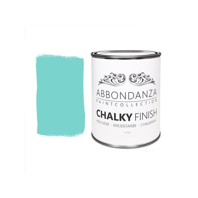 Eine Dose Abbondanza Kreidefarbe und ein Farbmuster für Abbondanza Farbe Bright Ocean Nr. 375