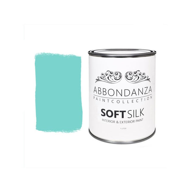 Eine Dose Abbondanza Soft Silk und ein Farbmuster für Abbondanza Farbe Bright Ocean Nr. 375