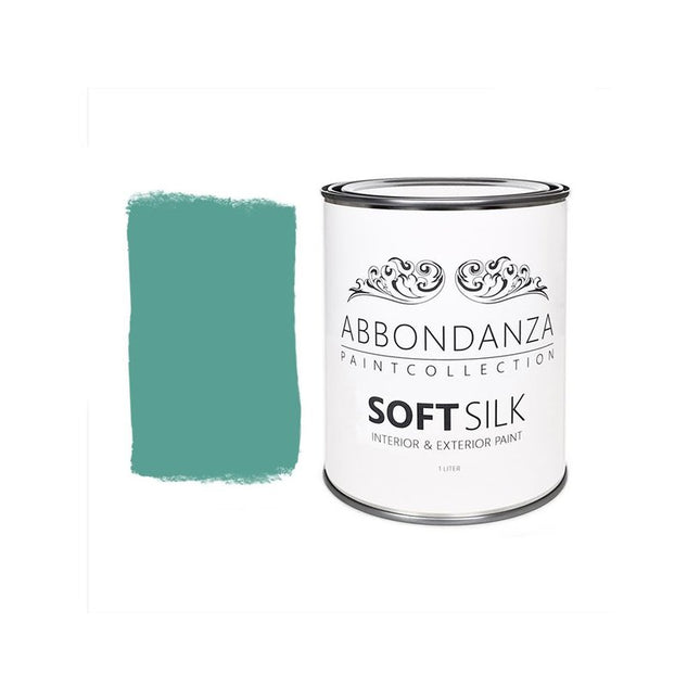 Eine Dose Abbondanza Soft Silk und ein Farbmuster für Abbondanza Farbe Dusty Turquoiuse Nr. 395