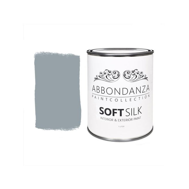 Eine Dose Abbondanza Soft Silk und ein Farbmuster für Abbondanza Farbe Grey Sky Nr. 445