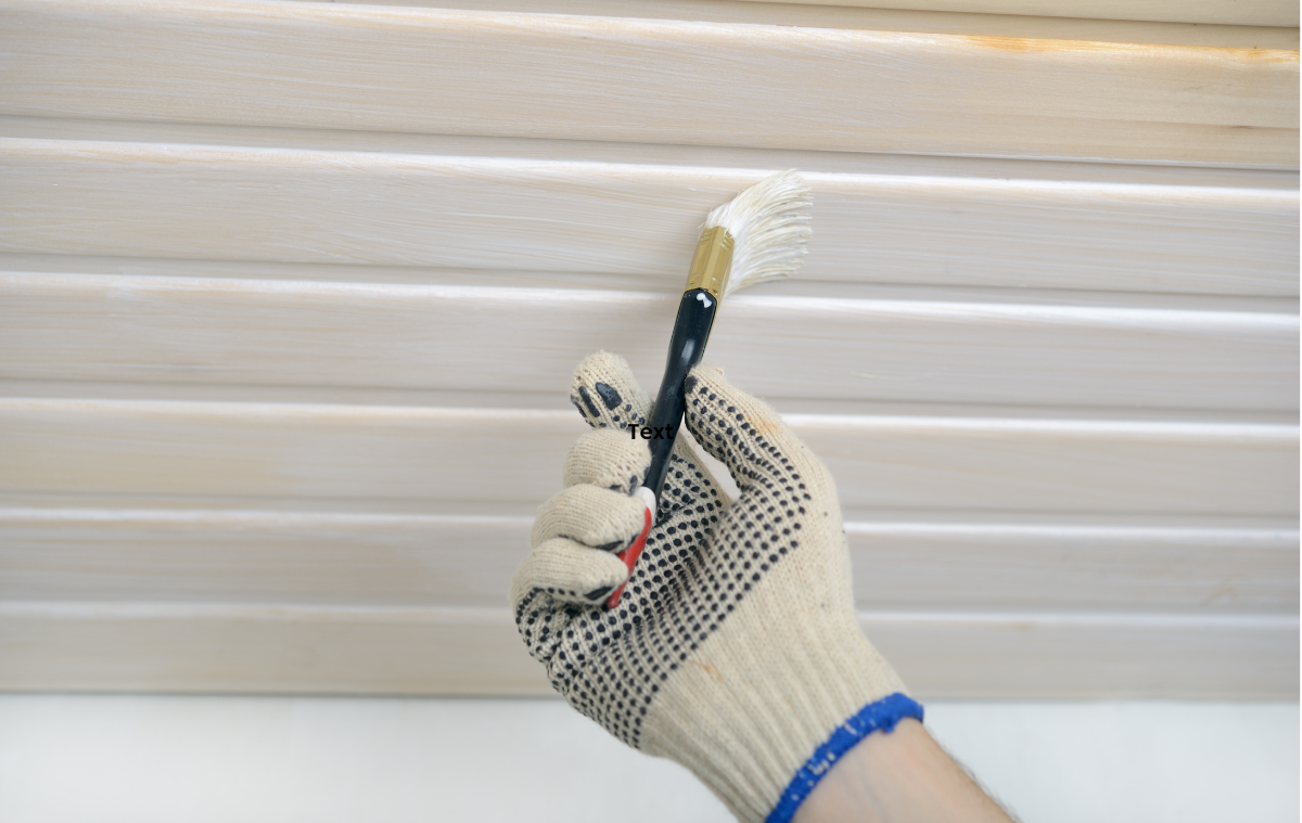 Eine Hand mit Pinsel die eine Holzdecke weiß streicht
