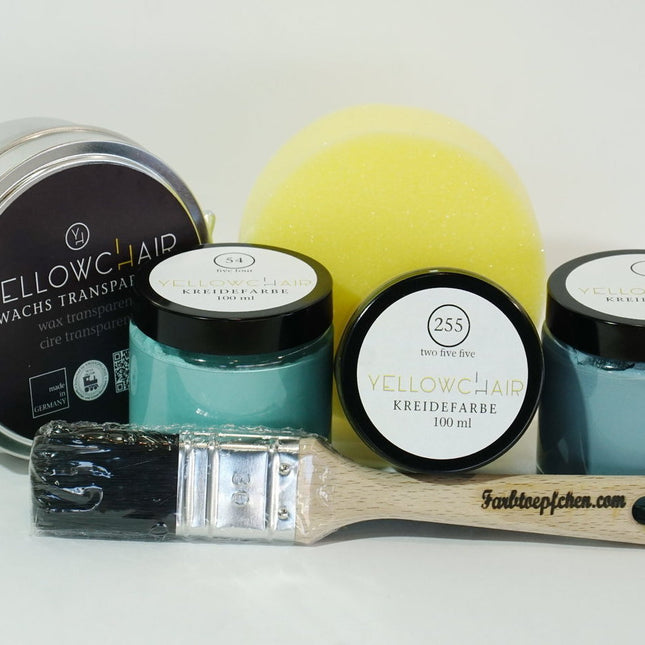 3 einhundert Milliliter Gläser von Yellowchair (Farbe frei wählbar) ein Schwamm, Klarwachs und ein Pinsel als Starterset zum Vorzugspreis.