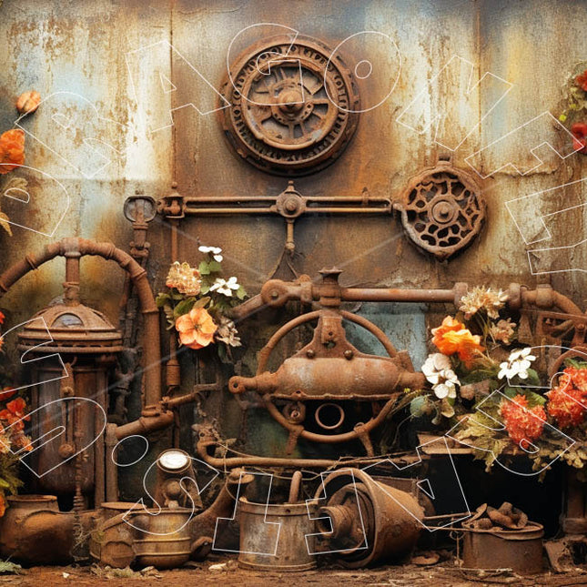 Rostige Maschinerie im Garten als Decoupage Papier