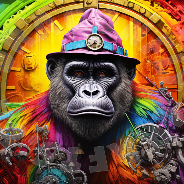 Gorilla mit Hut und Regenbogen im Hintergrund