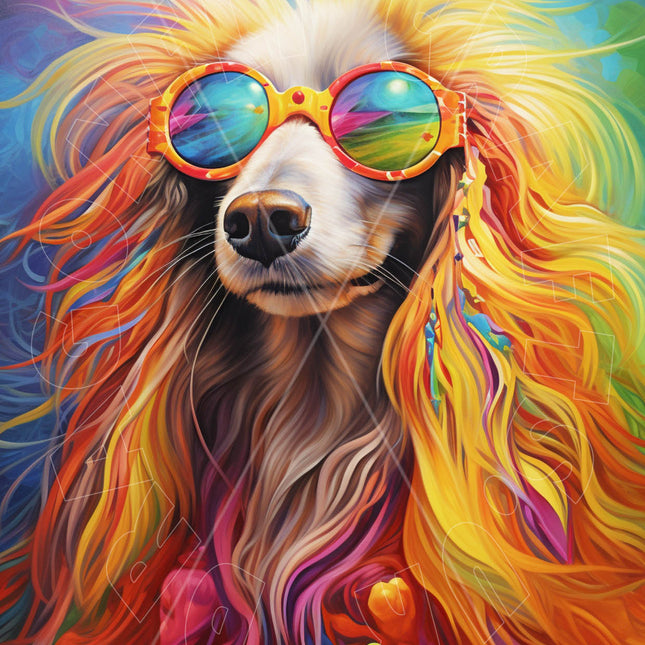 Regenbogen farbiger Hund mit Sonnenbrille
