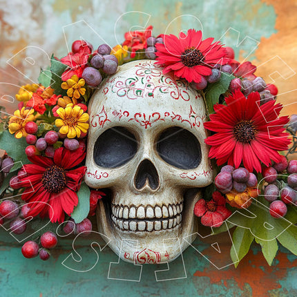 Totenkopf mit Blumen und Tatoo auf Decoupage Papier
