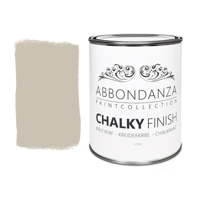 Farbmuster und Dose von der Farbe Abbondanza 028 Putty ein helles Beige mit cremigen Anteilen.