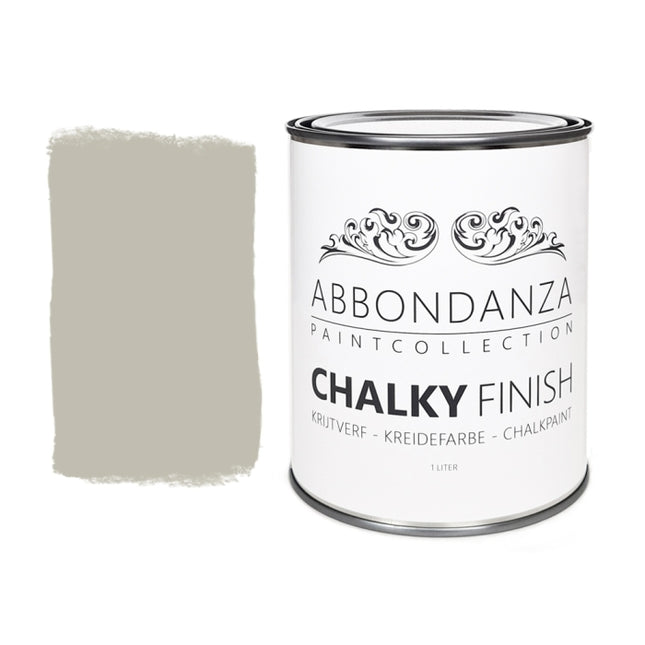 Farbmuster und Dose der Farbe Abbondanza 056 Historical Grey ein mittleres Grau mit leicht beigen Unterton.