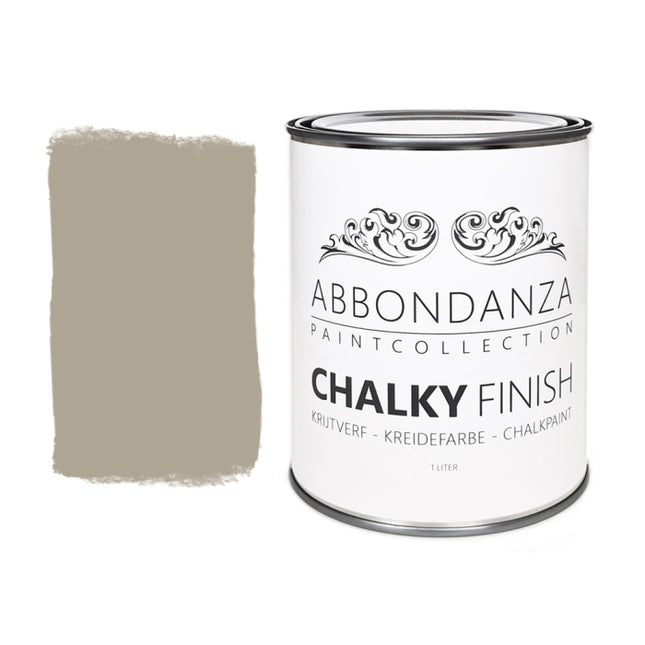 Farbmuster und Dose von der Farbe Abbondanza 057 Pepper Grey ein braun mit grauem Anteilen