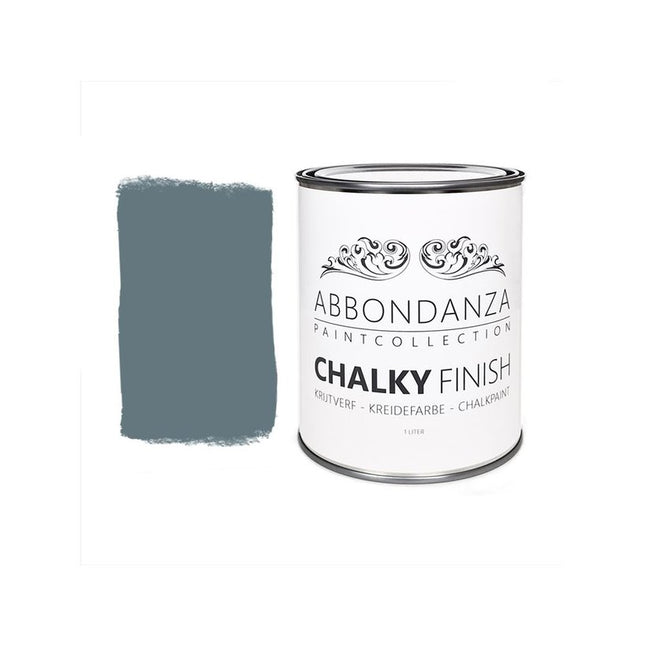 Eine Dose Abbondanza Kreidefarbe und ein Farbmuster für Abbondanza Farbe Antique Blue Nr. 426