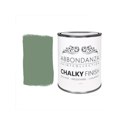 Eine Dose Abbondanza Kreidefarbe und ein Farbmuster für Abbondanza Farbe Vintage Green Nr. 428