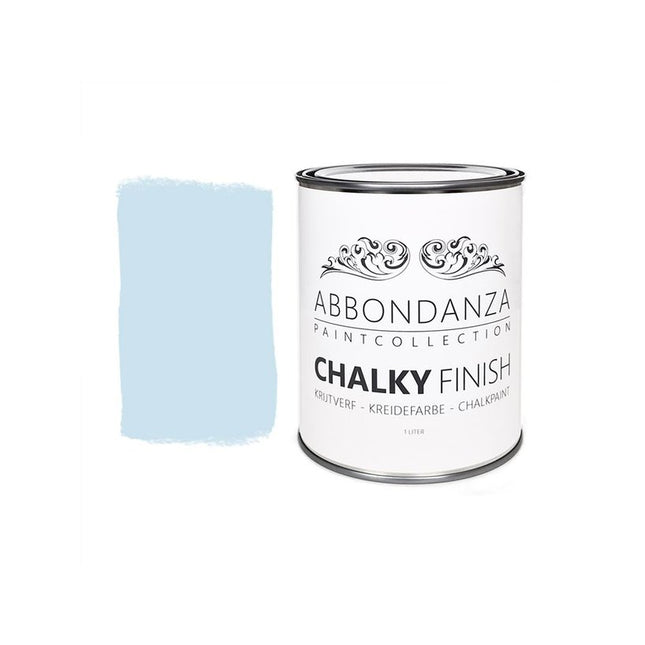 Eine Dose Abbondanza Kreidefarbe und ein Farbmuster für Abbondanza Farbe Powder Blue Nr. 500