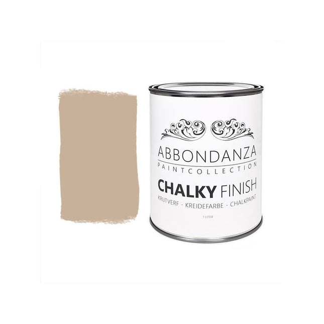 Eine Dose Abbondanza Kreidefarbe und ein Farbmuster für Abbondanza Farbe Ballet Beige Nr. 677