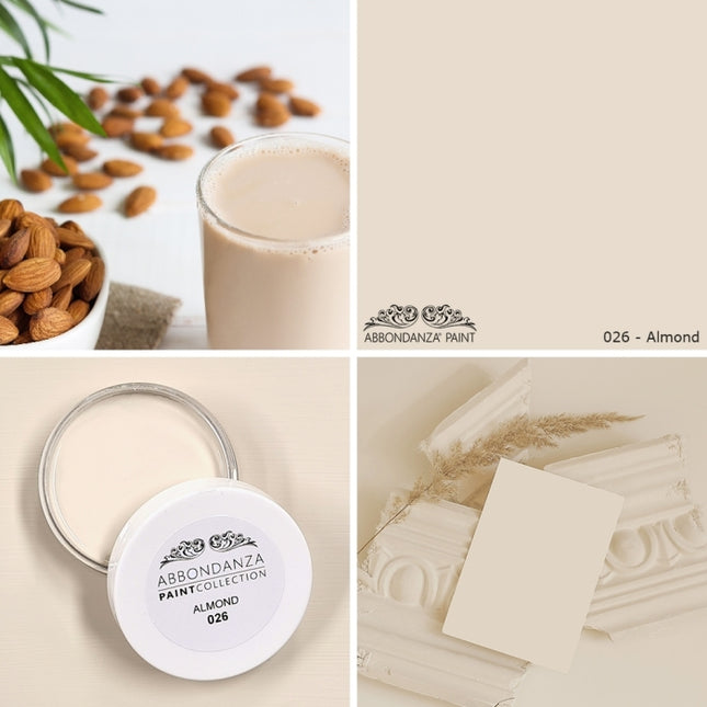 Farbmuster und Inspirationen von der Farbe Abbondanza 026 Almond ein mittleres Beige mit leicht rosa Anteilen.
