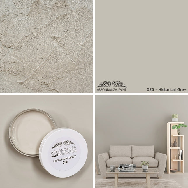 Farbmuster und Inspirationen von der Farbe Abbondanza 056 Historical Grey ein mittleres Grau mit leicht beigen Unterton.