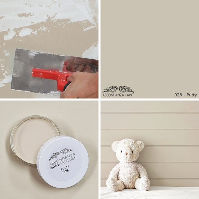 Farbmuster und Inspirationen von der Farbe Abbondanza 028 Putty ein helles Beige mit cremigen Anteilen.