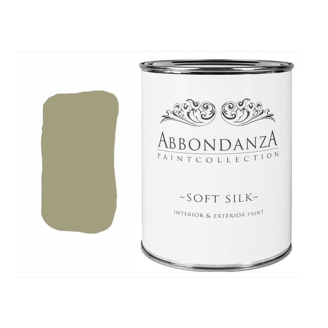 Eine Dose Abbondanza Soft Silk und ein Farbmuster für Abbondanza Farbe Driftwood Nr. 130