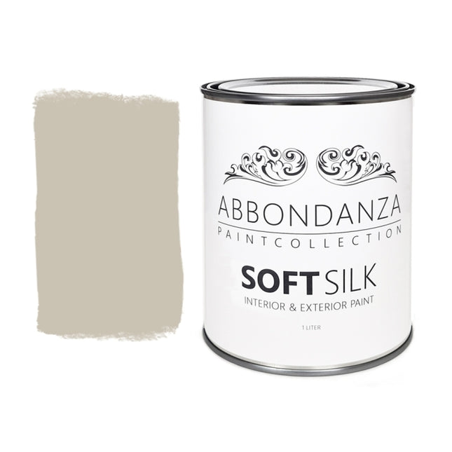 Farbmuster und Dose von der Farbe Abbondanza 028 Putty ein helles Beige mit cremigen Anteilen.