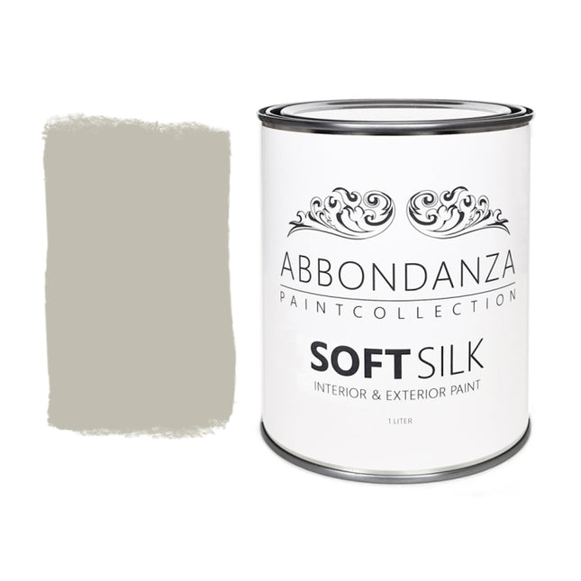 Farbmuster und Dose von der Farbe Abbondanza 056 Historical Grey ein mittleres Grau mit leicht beigen Unterton.