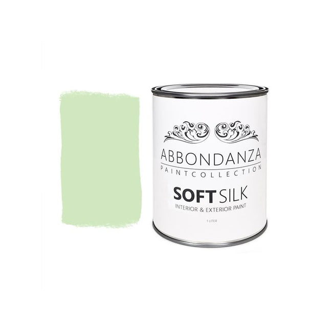 Eine Dose Abbondanza Soft Silk und ein Farbmuster für Abbondanza Farbe Pastel Green Nr. 300