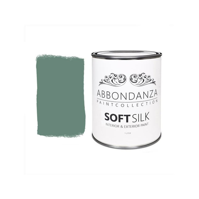 Eine Dose Abbondanza Soft Silk und ein Farbmuster für Abbondanza Farbe Dark Verdigris Nr. 415