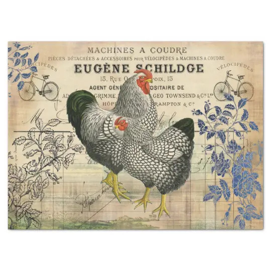 Vintage Rooster Henne u. Hahn - Seidenpapier 10 lb